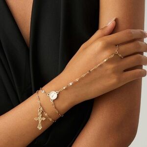 💞 New Elegant Gold Hand Chain Bracelet & Cross Charm Bracelet Set